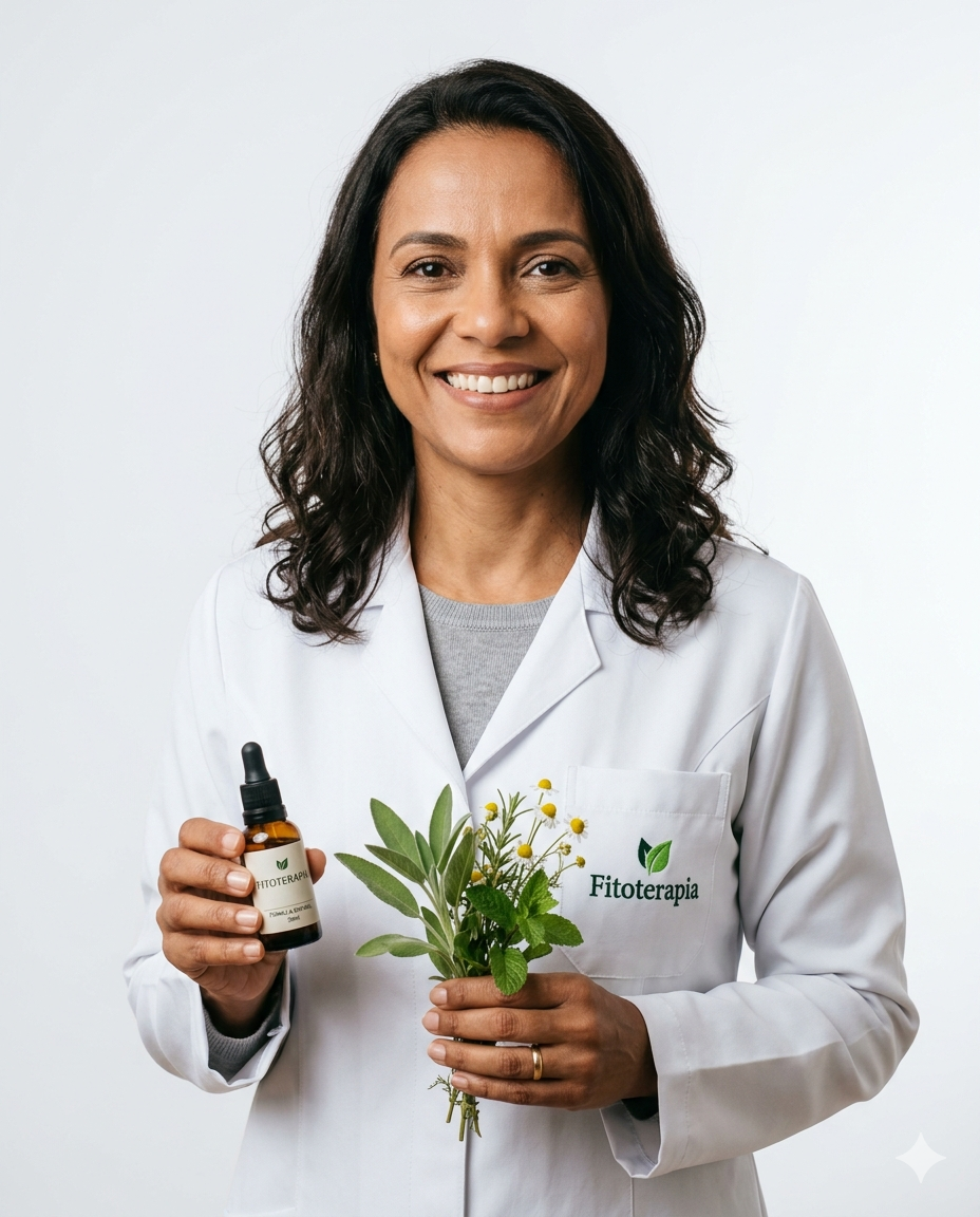 Profissional da saúde sorrindo, segurando frasco âmbar e ervas medicinais frescas