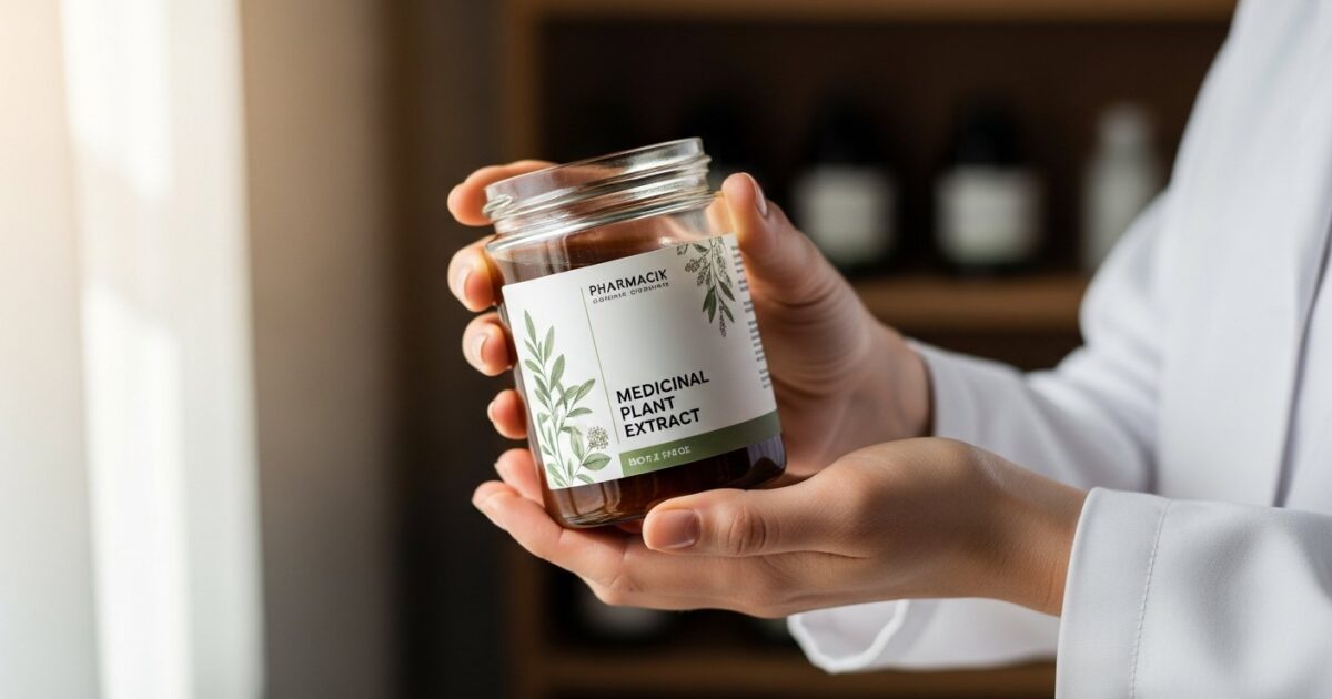 Farmacêutica manipulando extrato vegetal padronizado em farmácia magistral