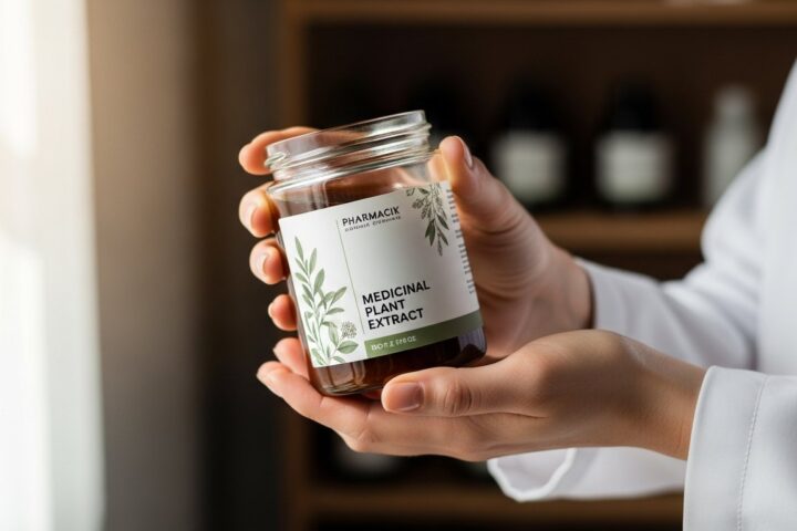 Farmacêutica manipulando extrato vegetal padronizado em farmácia magistral