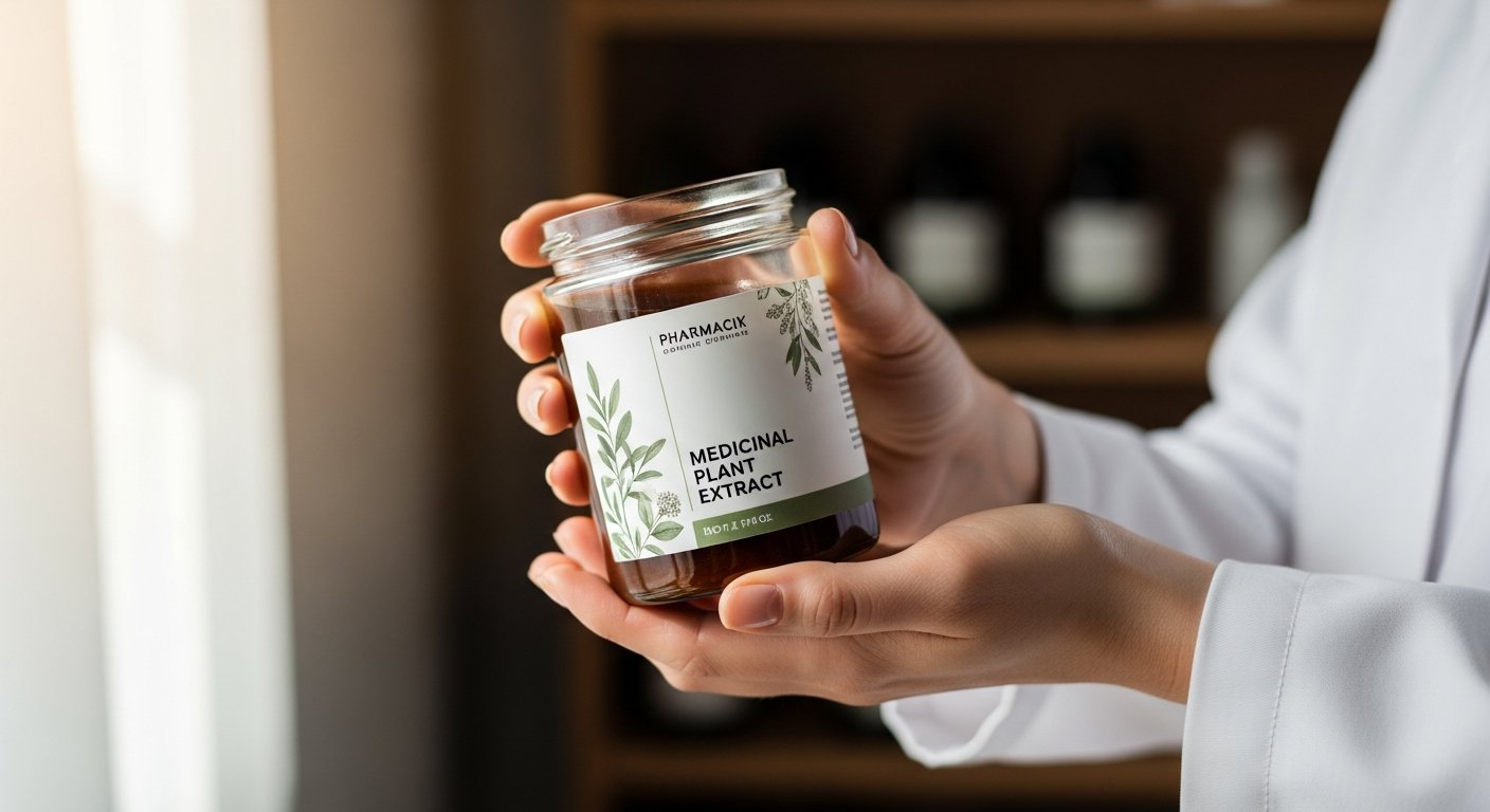 Farmacêutica manipulando extrato vegetal padronizado em farmácia magistral