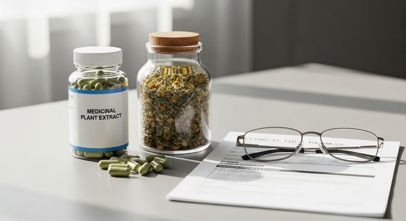 Medicamento fitoterápico em embalagem industrializada ao lado de droga vegetal a granel e documento regulatório