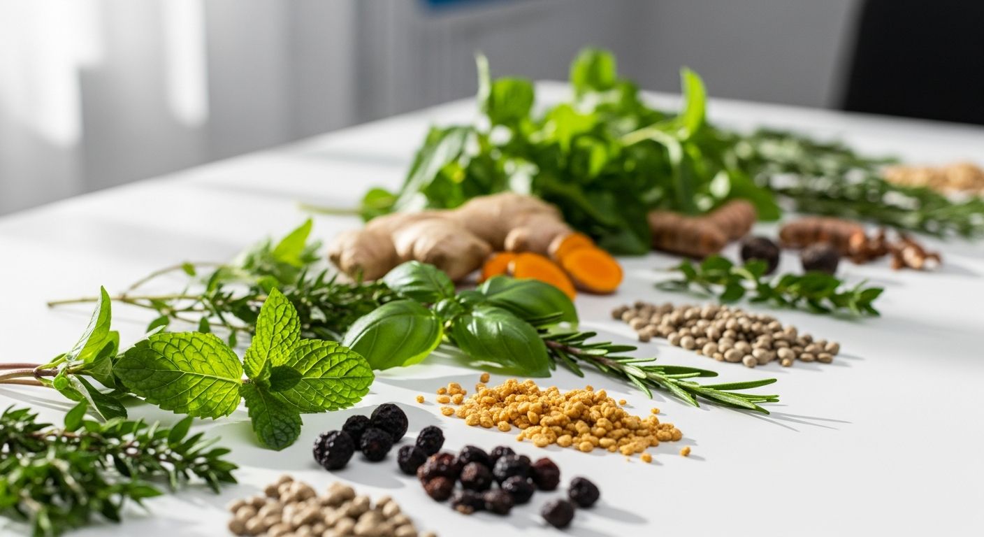Plantas medicinais frescas dispostas sobre mesa clínica, representando a fitoterapia profissional