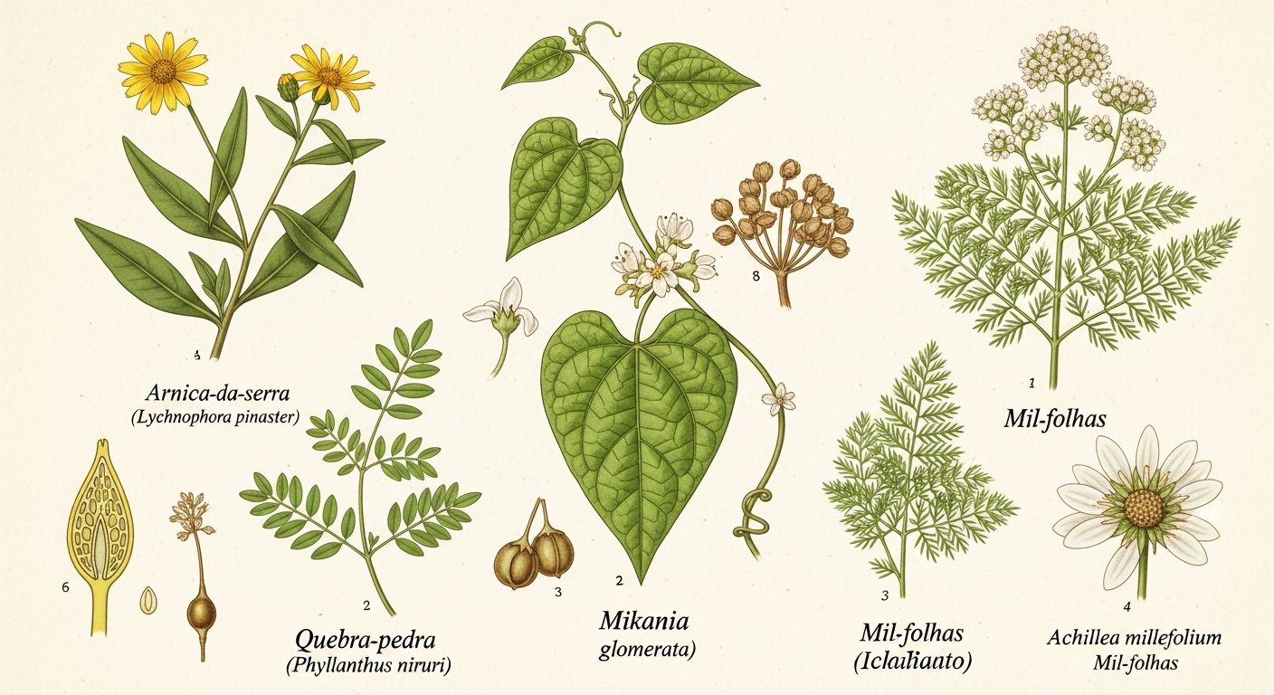 Ilustração botânica de plantas medicinais brasileiras com identificação científica