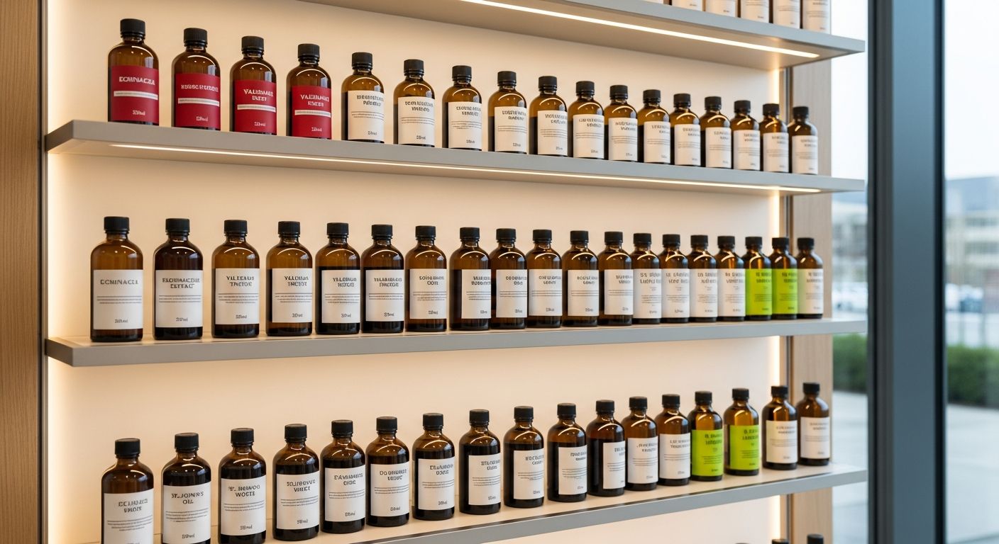 Prateleira de farmácia com medicamentos fitoterápicos organizados em frascos âmbar