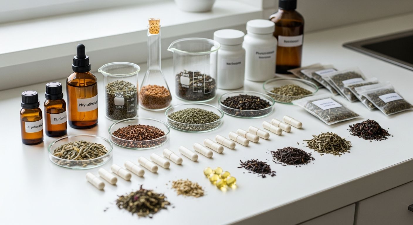 Diferentes formas farmacêuticas de fitoterápicos: tinturas, extratos secos, cápsulas e chás