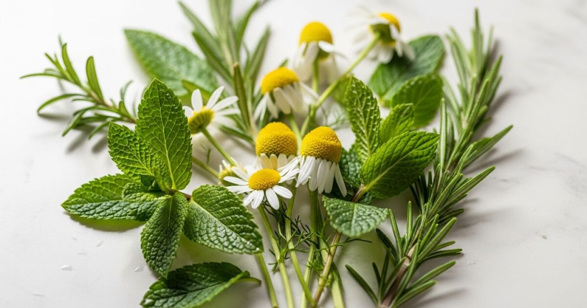 Plantas medicinais frescas dispostas sobre superfície clara, representando a base botânica da fitoterapia clínica