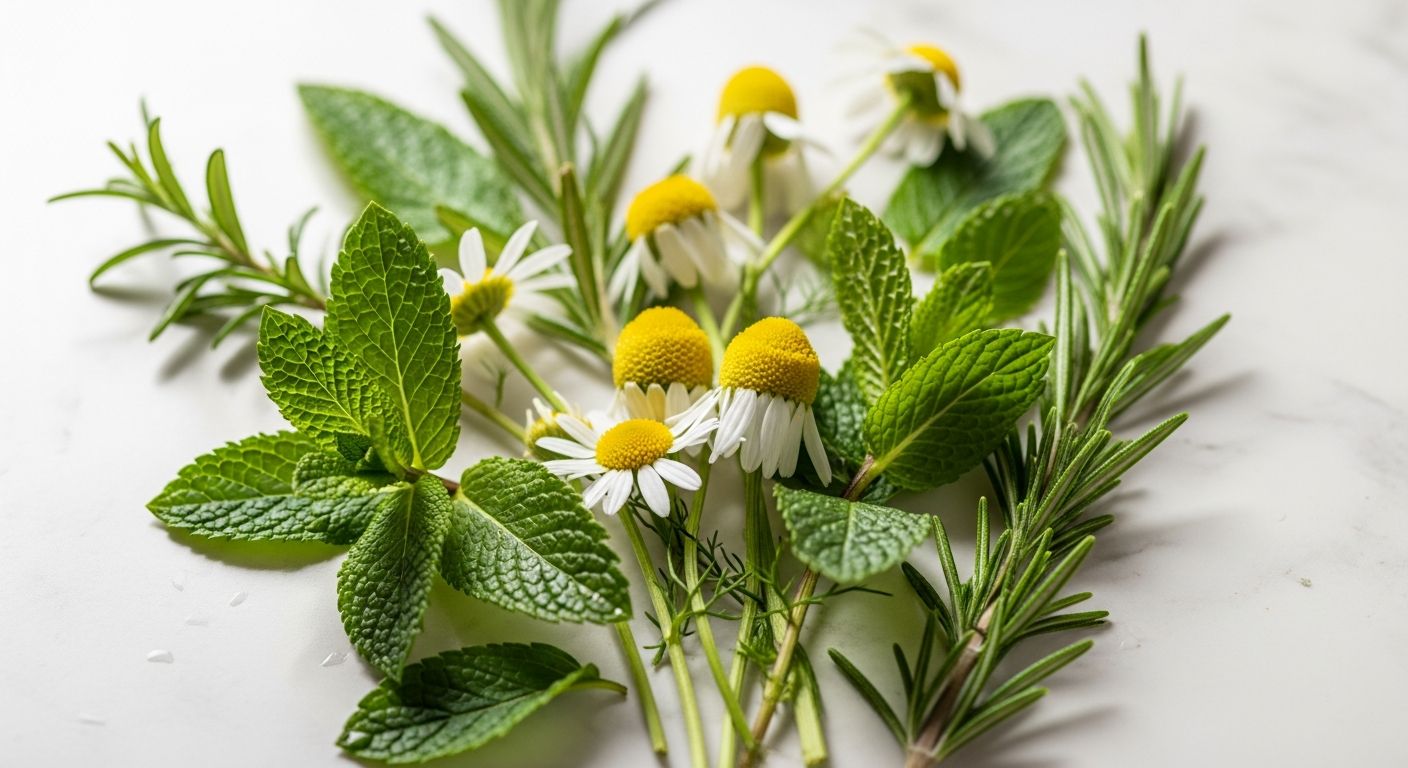Plantas medicinais frescas dispostas sobre superfície clara, representando a base botânica da fitoterapia clínica