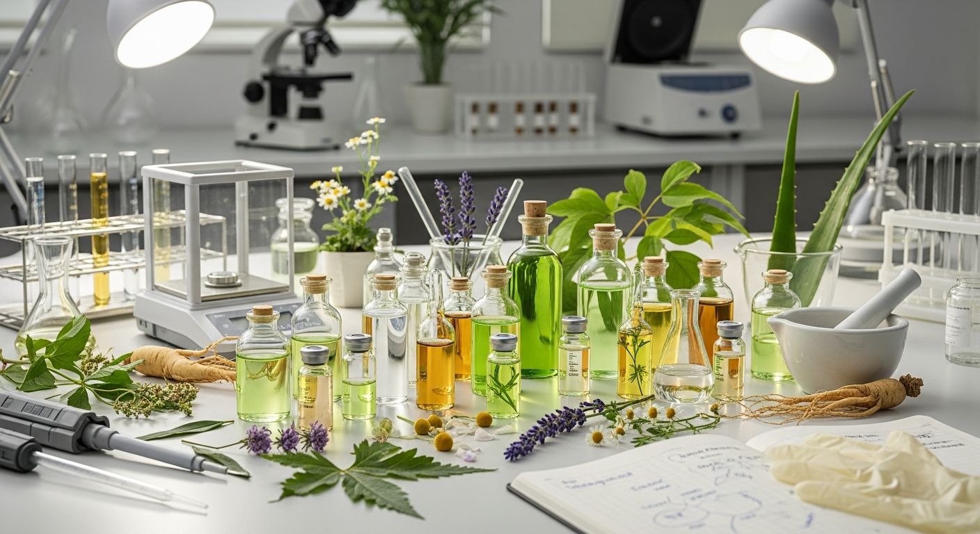 Extratos vegetais e amostras botânicas em ambiente laboratorial, ilustrando o processo de validação científica de plantas medicinais