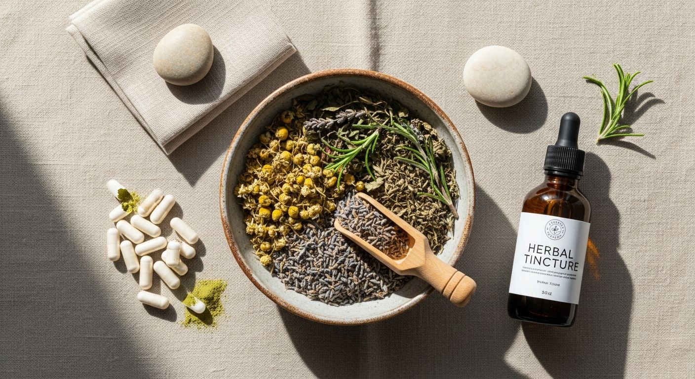Diferentes formas de apresentação de plantas medicinais: droga vegetal seca, tintura e cápsulas de extrato padronizado