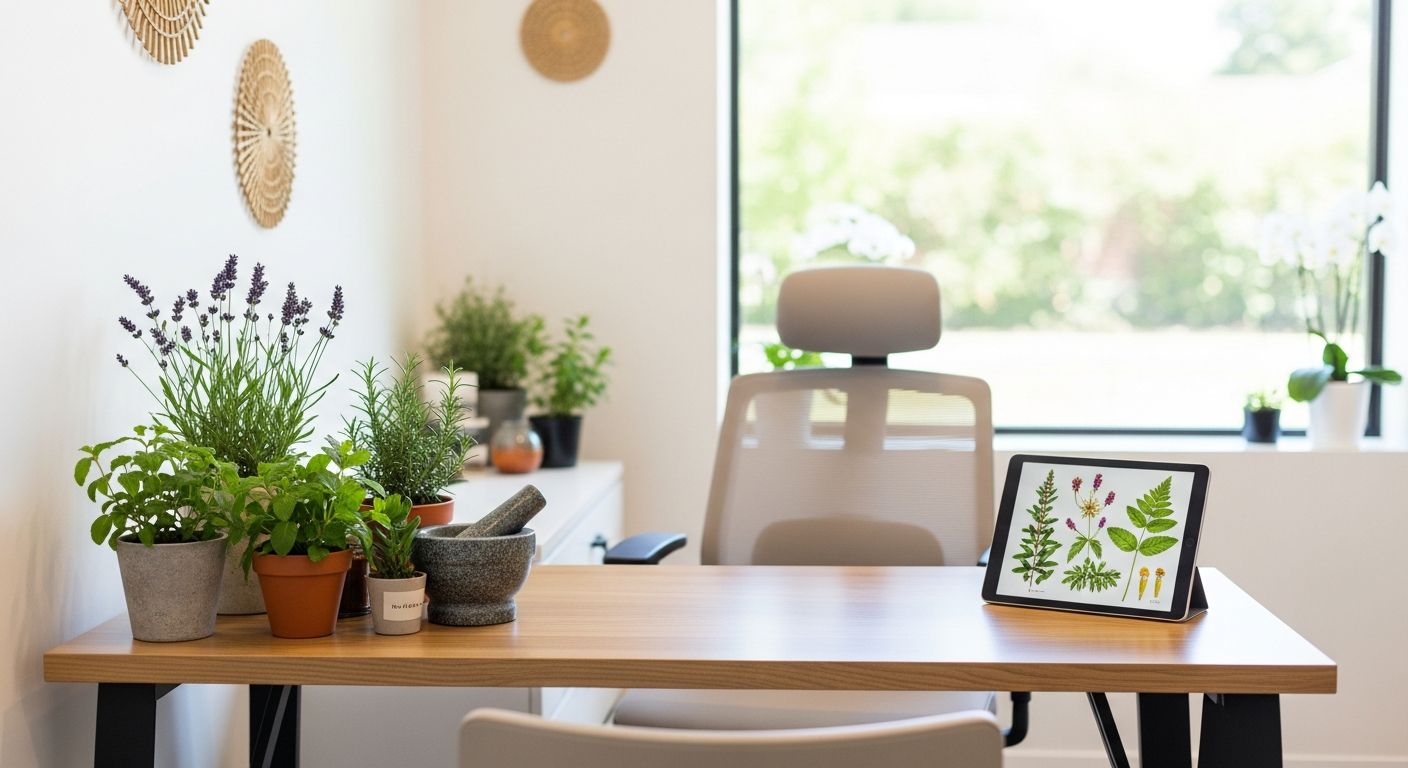 Consultório de saúde integrativa com plantas medicinais e recursos tecnológicos, simbolizando a integração entre tradição e ciência