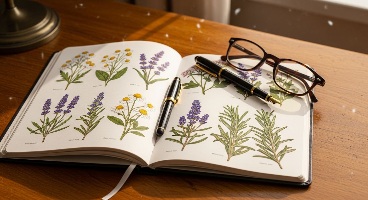 Caderno de estudos com ilustrações botânicas e plantas medicinais secas, representando a jornada de aprendizado em fitoterapia