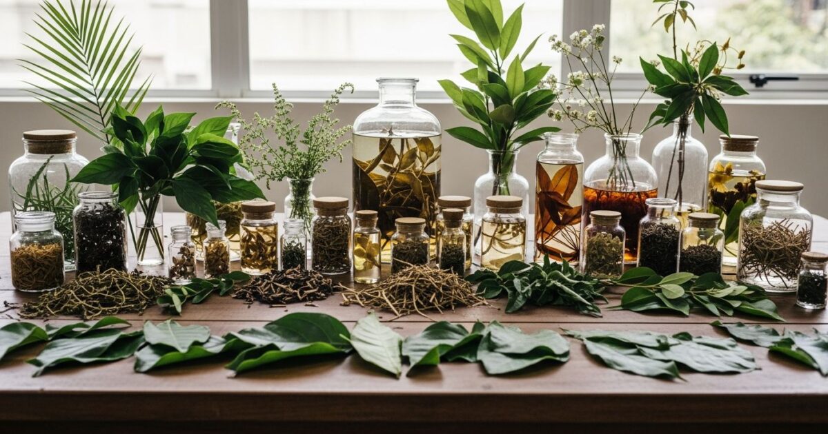 Plantas medicinais brasileiras organizadas em mesa de laboratório com luz natural