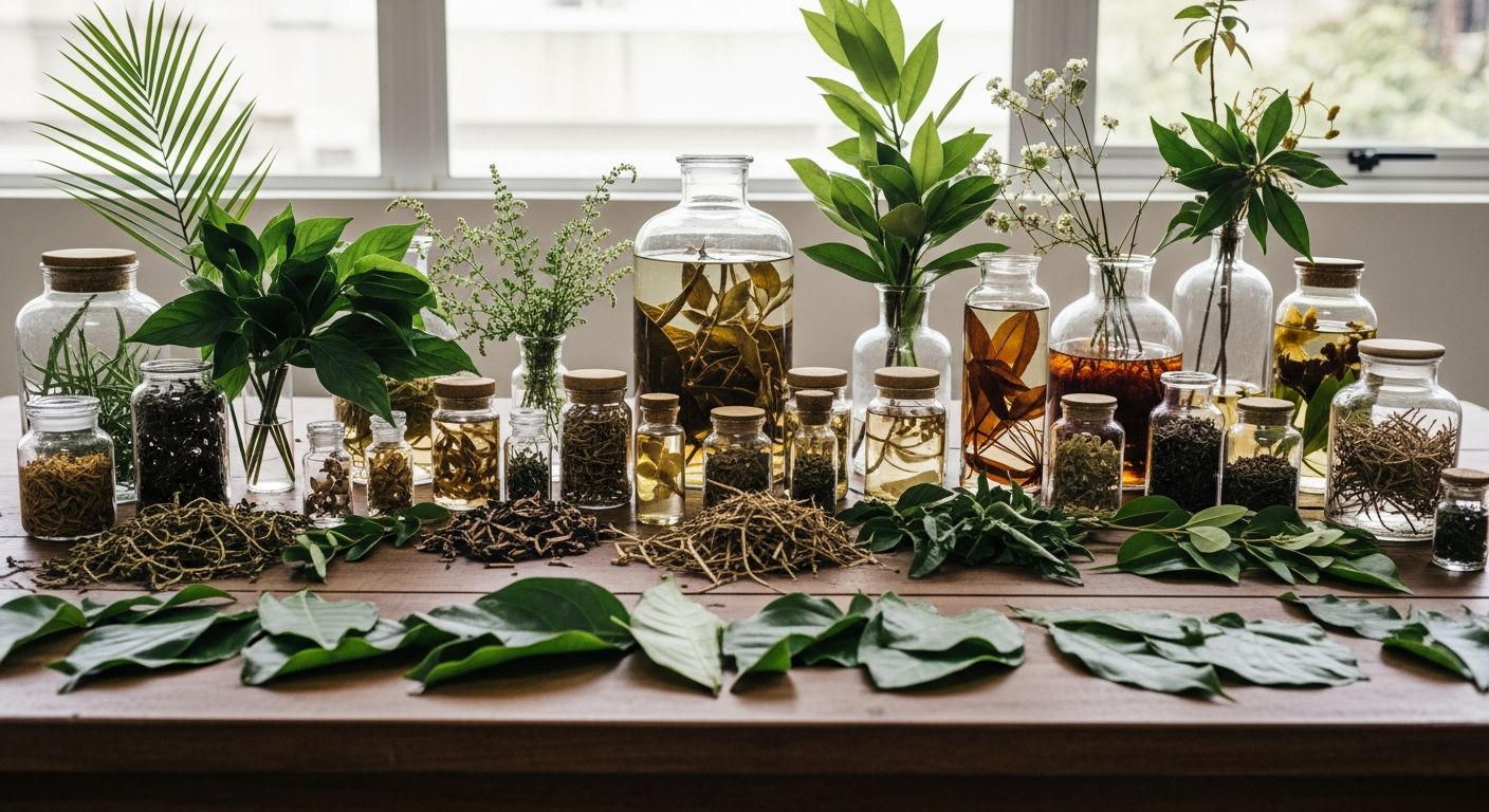 Plantas medicinais brasileiras organizadas em mesa de laboratório com luz natural