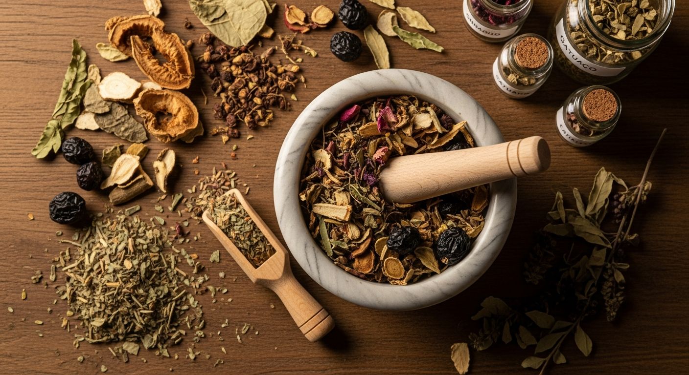 Pilão e ervas medicinais secas em preparação para uso clínico