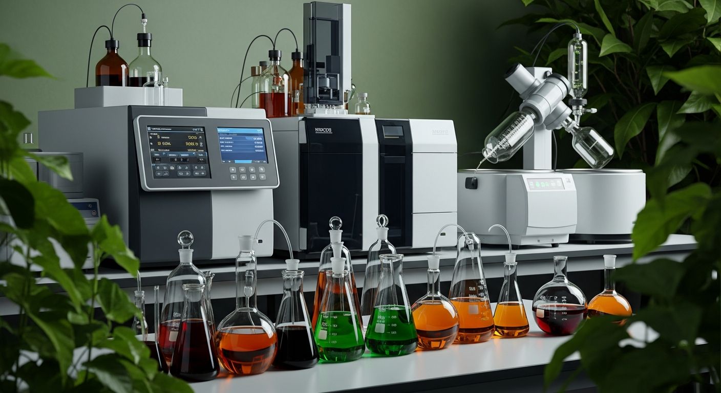 Extratos vegetais em laboratório durante controle de qualidade
