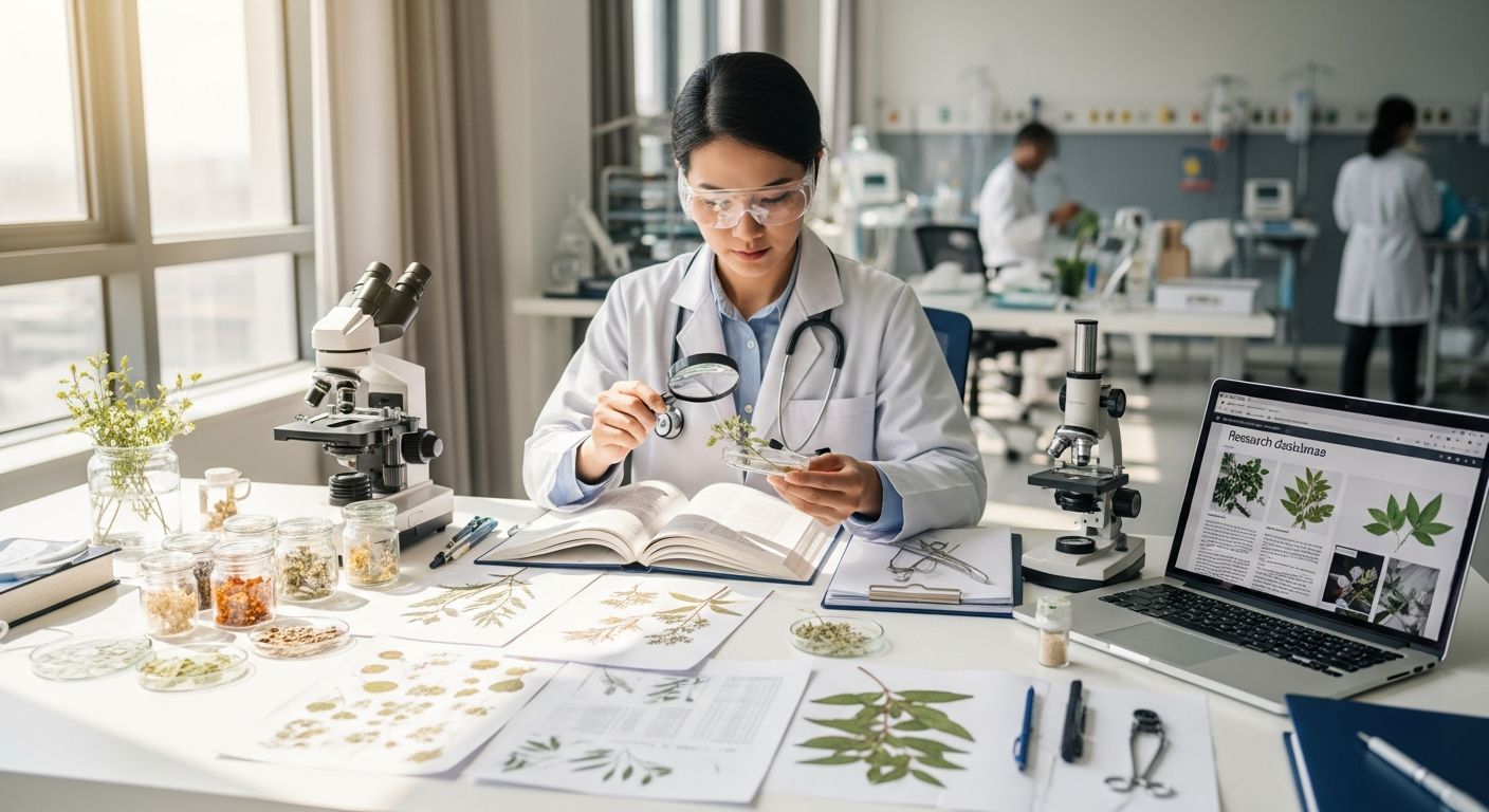 Profissional da saúde revisando documentação sobre plantas medicinais em ambiente clínico