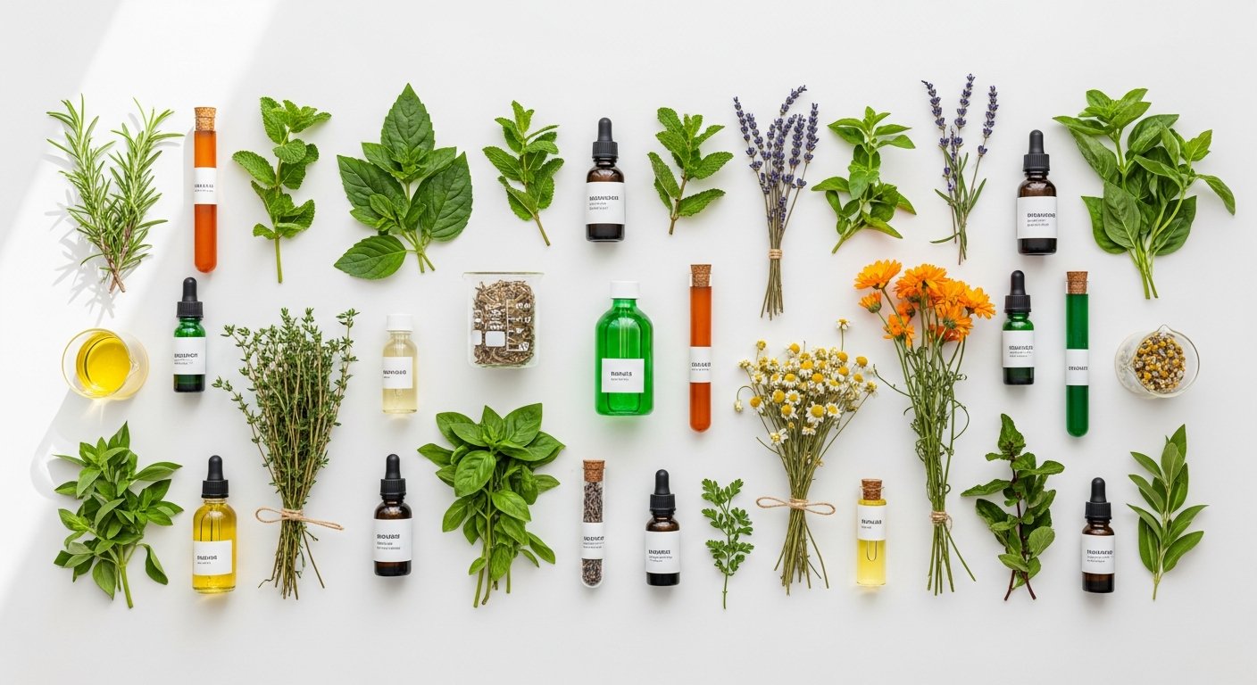 Plantas medicinais e extratos vegetais dispostos sobre mesa de laboratório
