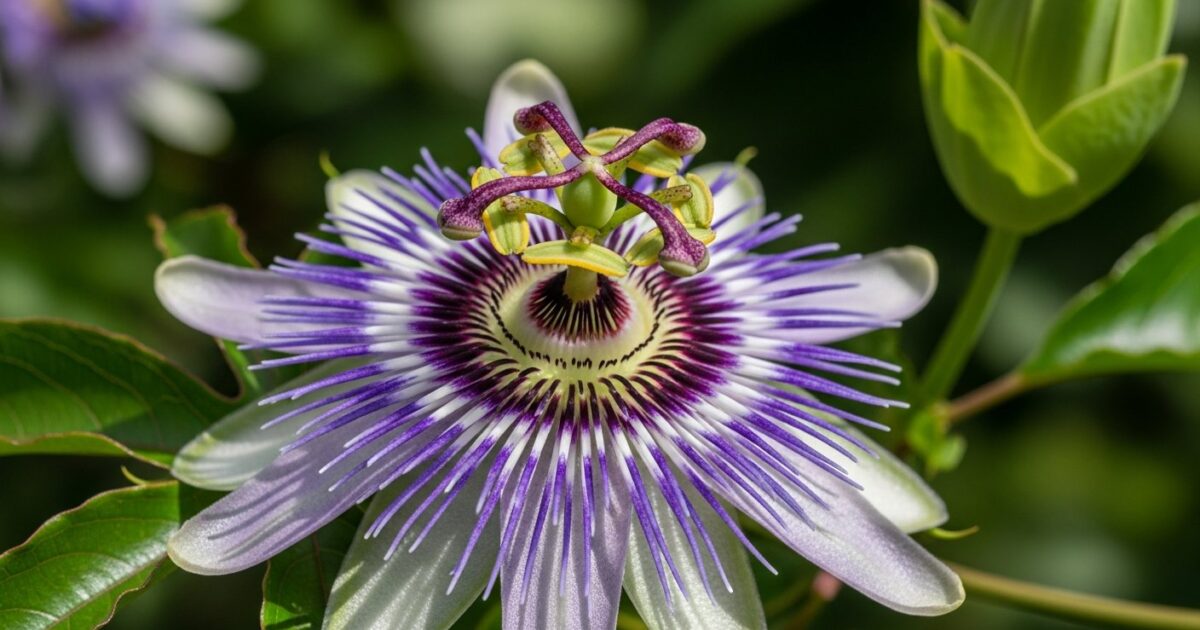 Flor de passiflora (maracujá) em close botânico detalhado