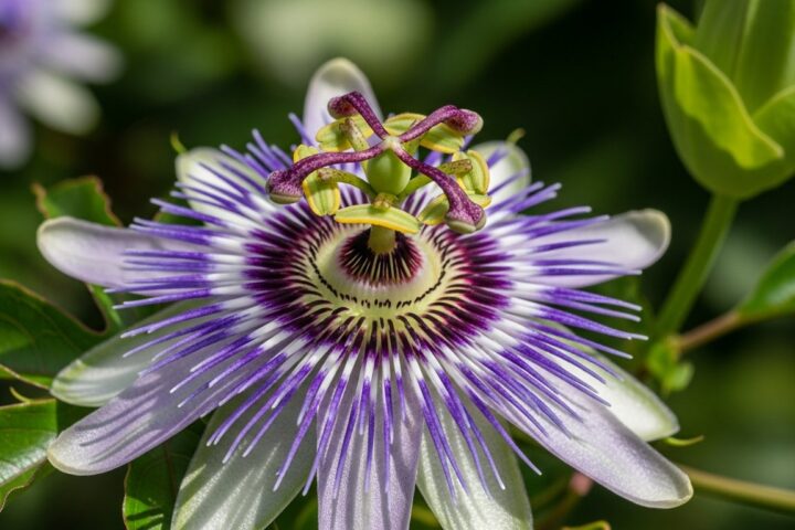 Flor de passiflora (maracujá) em close botânico detalhado