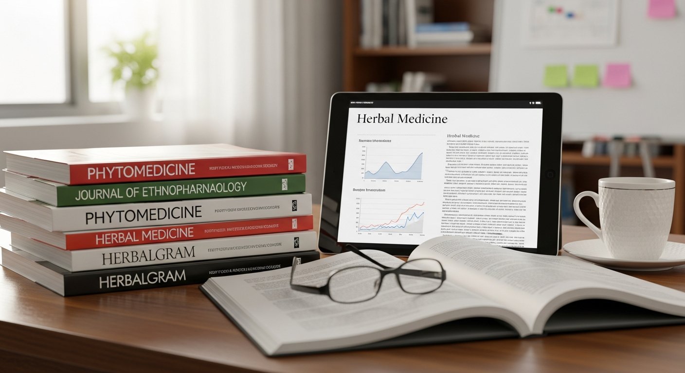 Periódicos científicos e tablet com artigos sobre fitoterapia