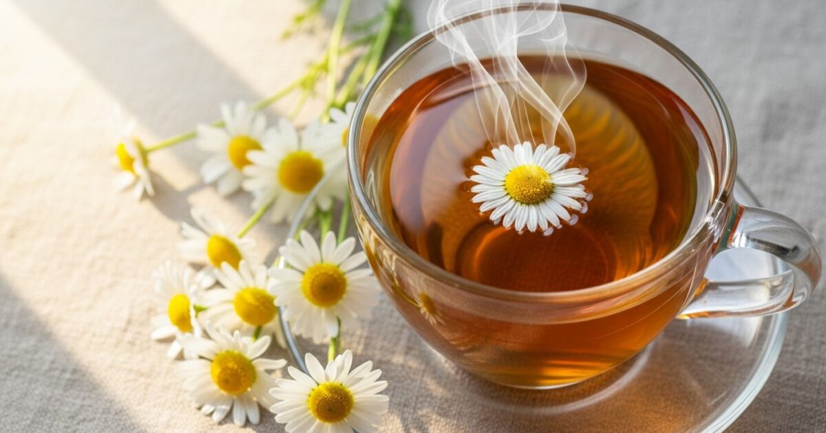 Xícara de chá de camomila com flores frescas sobre linho natural