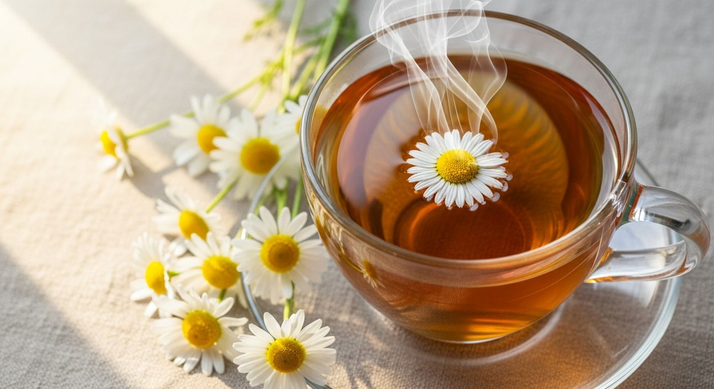 Xícara de chá de camomila com flores frescas sobre linho natural