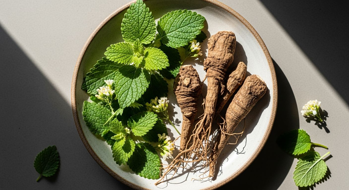 Raiz de valeriana e folhas de melissa em arranjo botânico