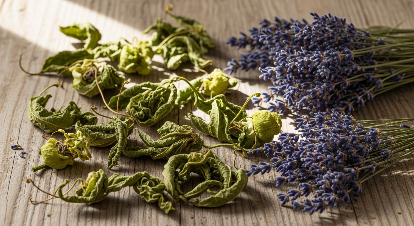 Ervas medicinais secando em fundo de madeira: passiflora e lavanda