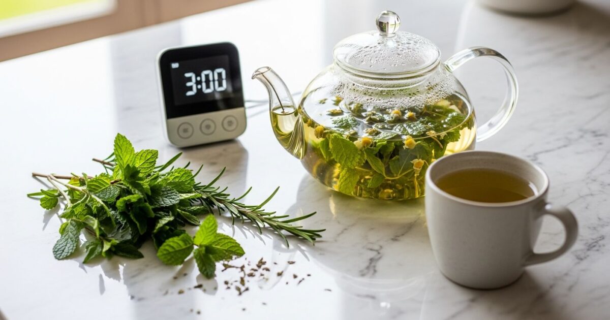 Preparo de chá medicinal com bule de vidro, temporizador e ervas frescas