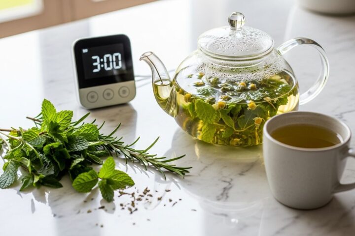 Preparo de chá medicinal com bule de vidro, temporizador e ervas frescas