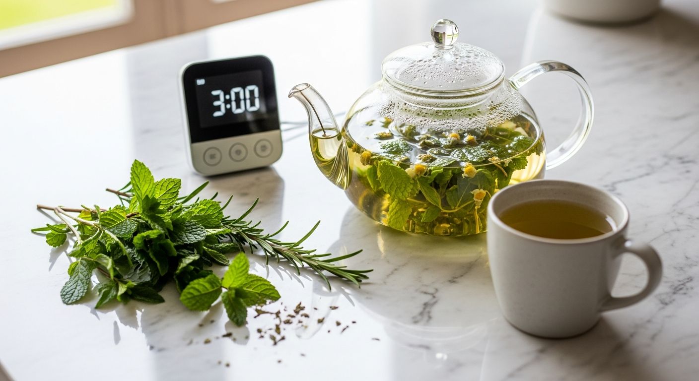 Preparo de chá medicinal com bule de vidro, temporizador e ervas frescas