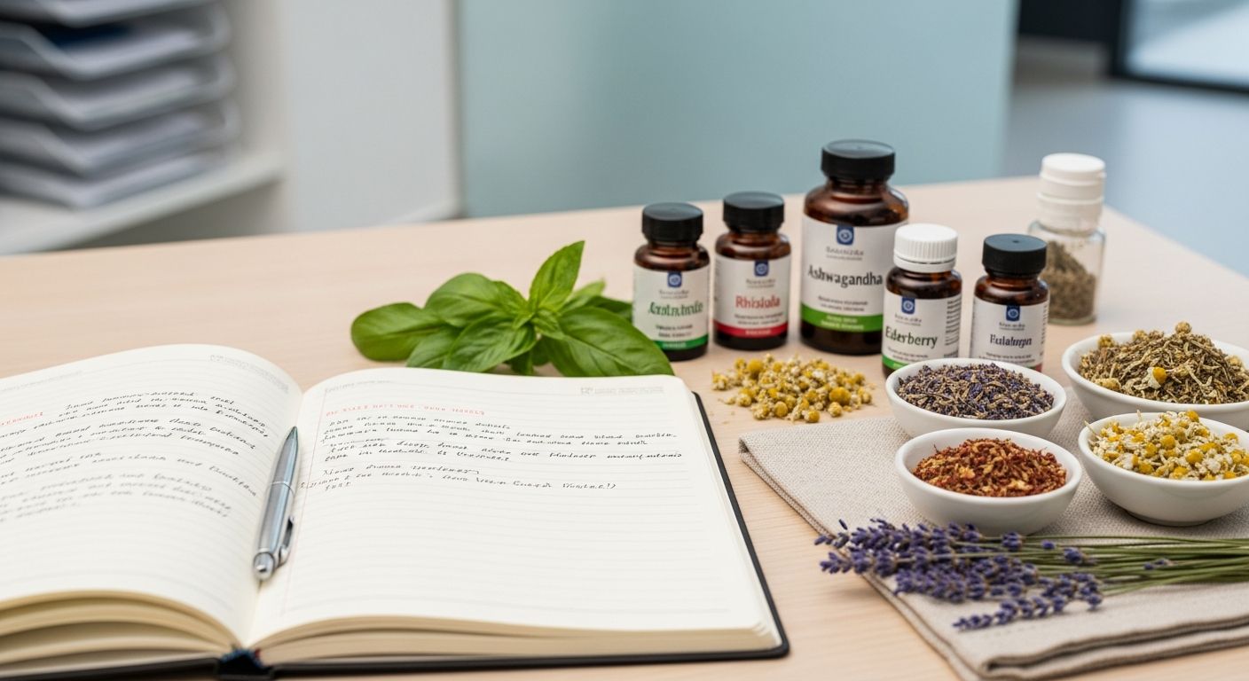 Caderno de consulta clínica com ervas e suplementos sobre mesa profissional