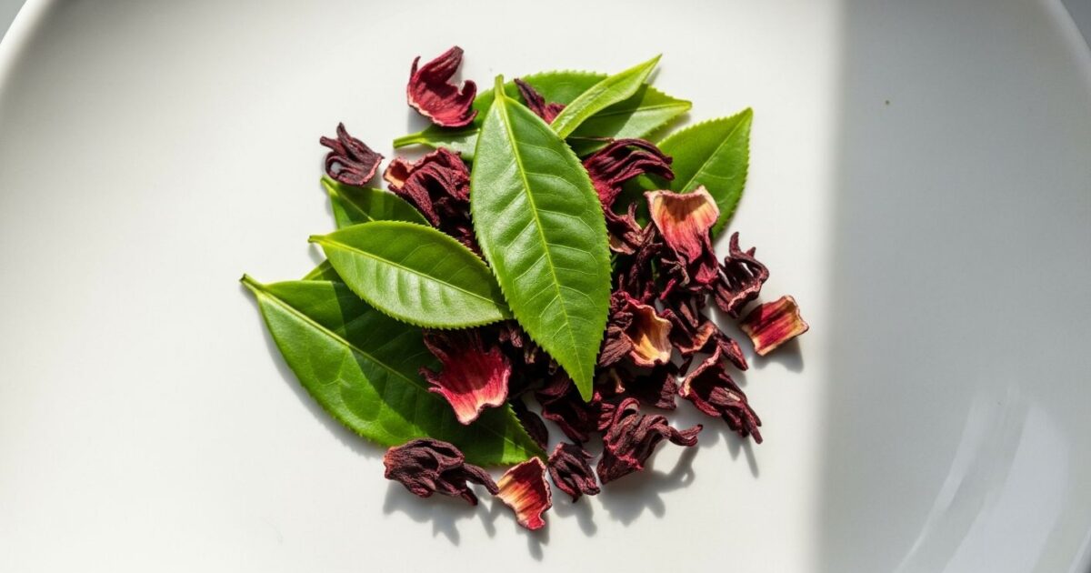 Folhas de chá verde e flores de hibisco sobre superfície clara