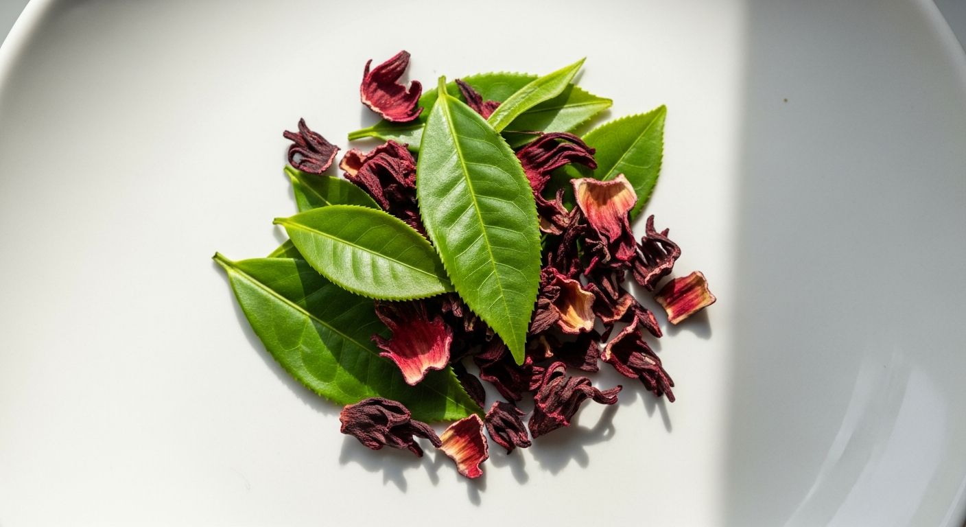 Folhas de chá verde e flores de hibisco sobre superfície clara