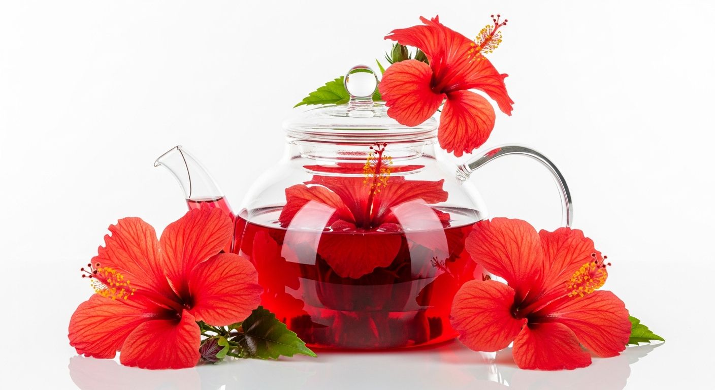 Chá de hibisco em bule de vidro com flores frescas