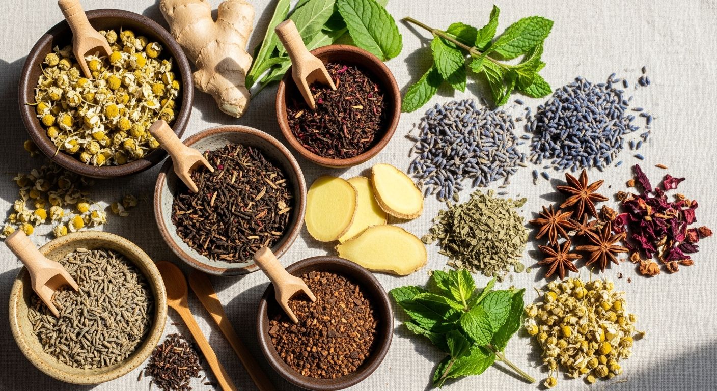 Variedade de chás medicinais em tigelas de cerâmica