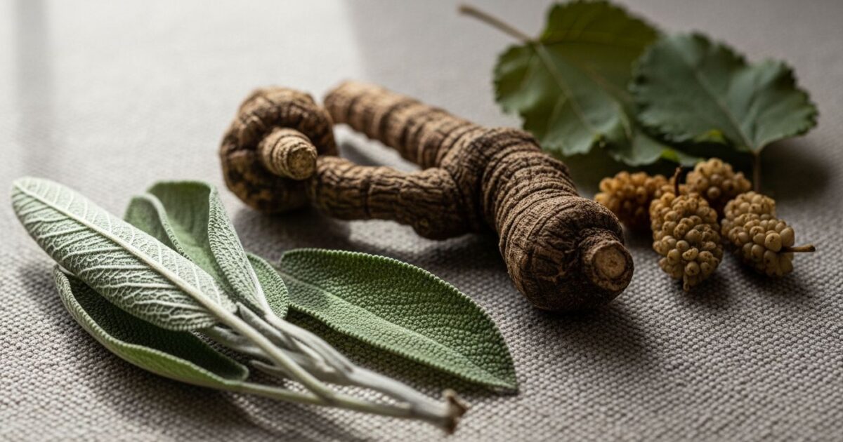 Plantas medicinais utilizadas no manejo de sintomas da menopausa, incluindo sálvia, amora e black cohosh