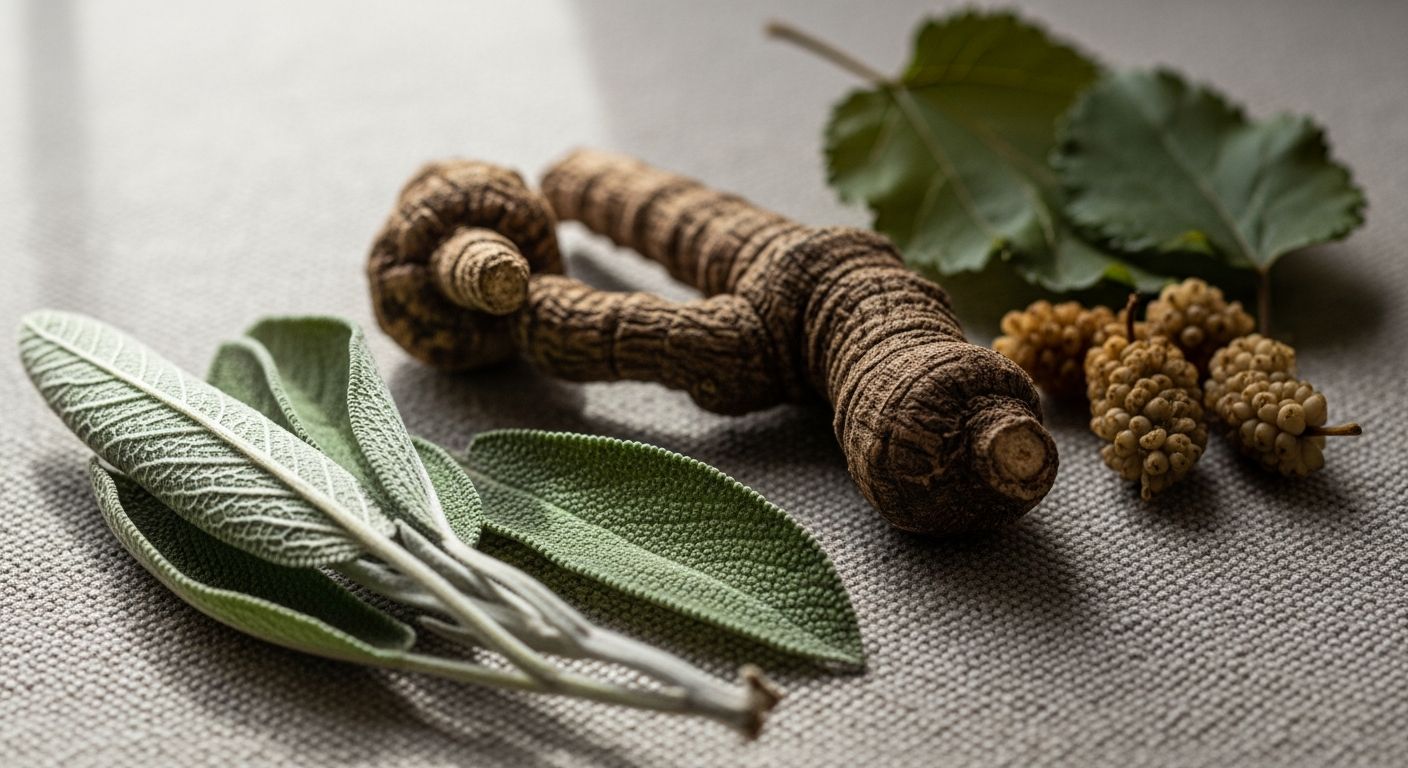 Plantas medicinais utilizadas no manejo de sintomas da menopausa, incluindo sálvia, amora e black cohosh