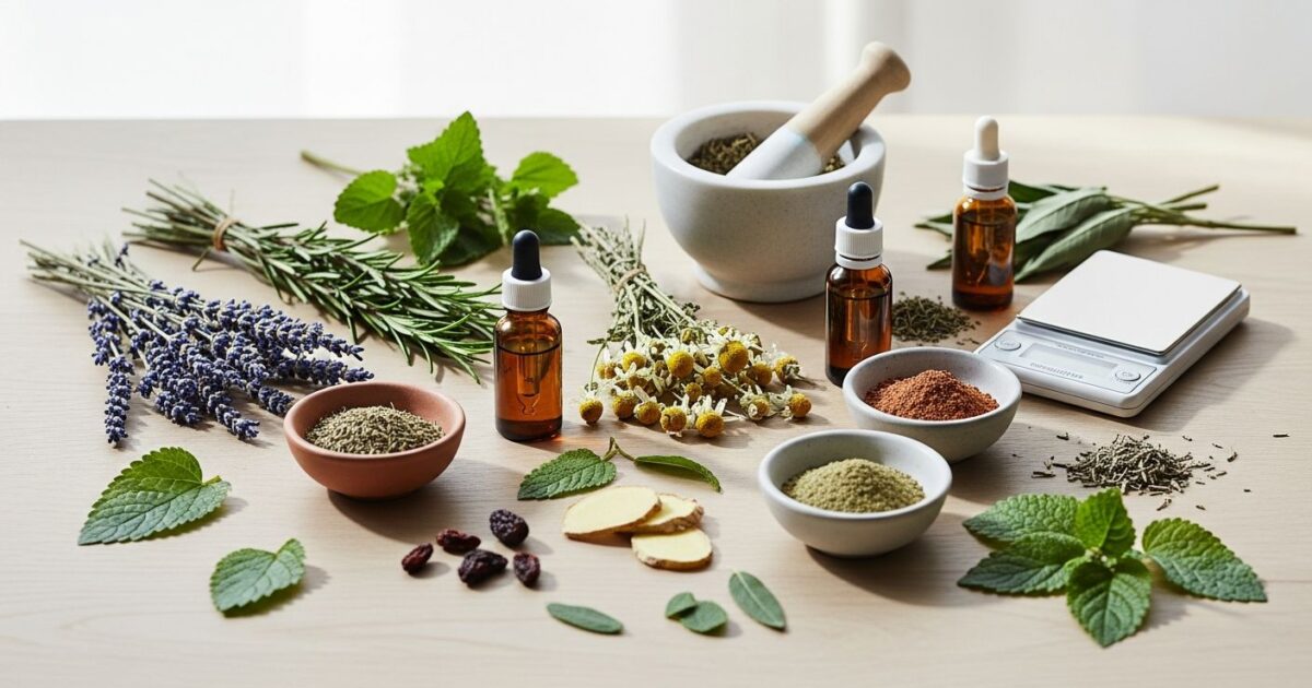 Extratos botânicos e ervas medicinais sobre superfície natural