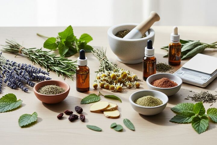Extratos botânicos e ervas medicinais sobre superfície natural