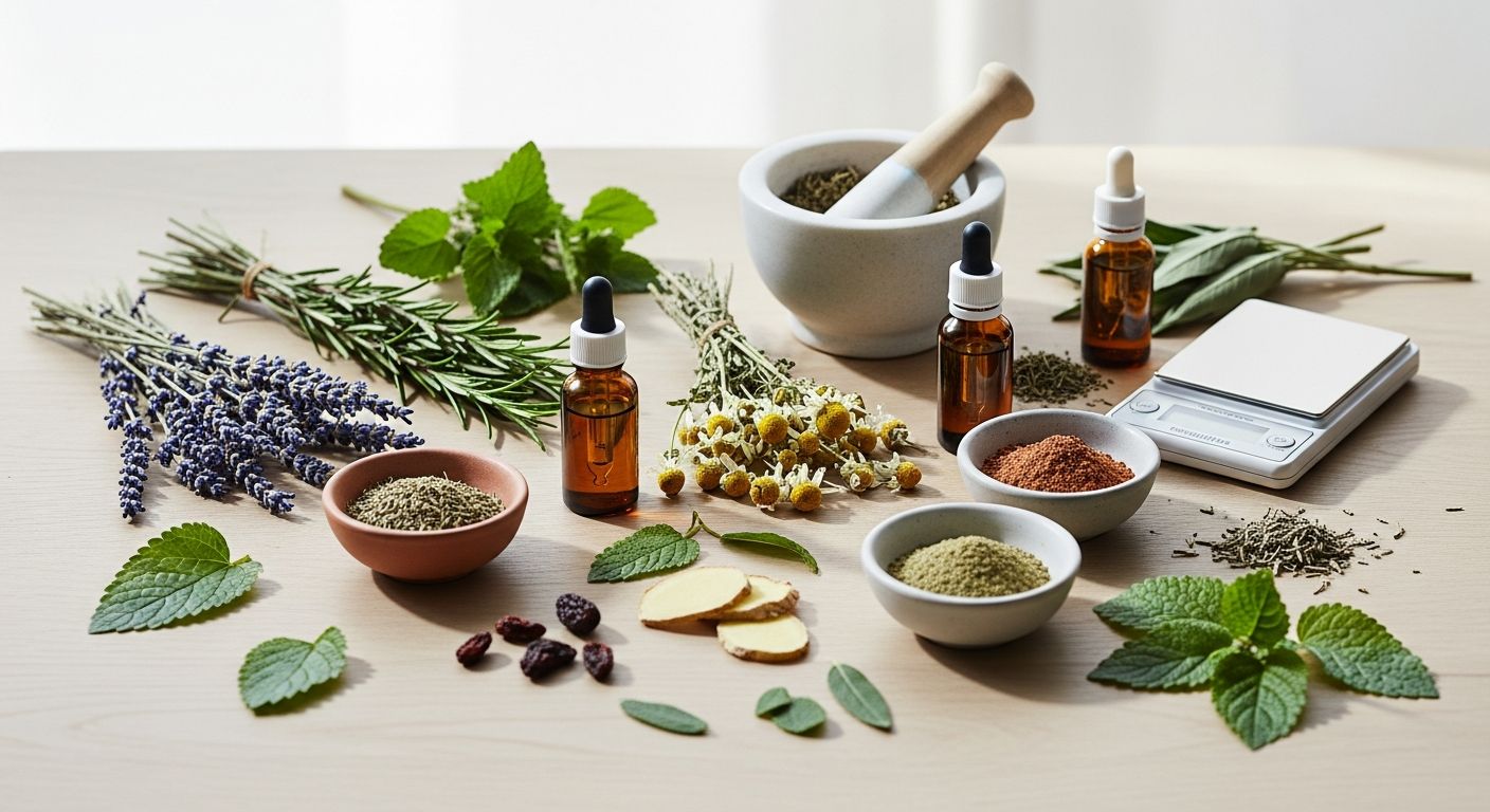 Extratos botânicos e ervas medicinais sobre superfície natural