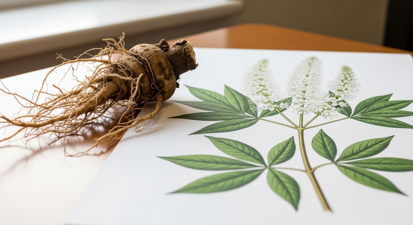 Raiz de Cimicifuga racemosa com ilustração botânica