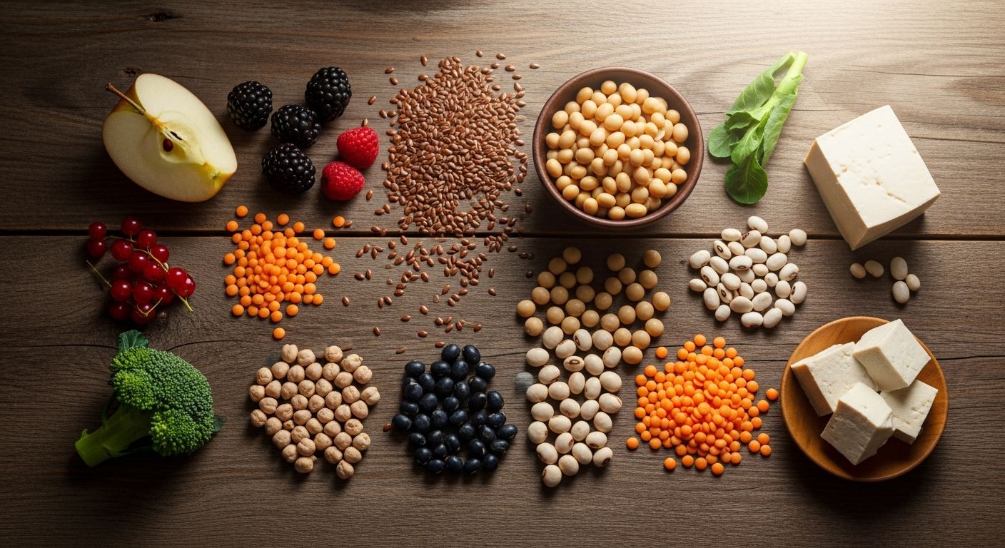 Alimentos ricos em fitoestrógenos sobre mesa de madeira