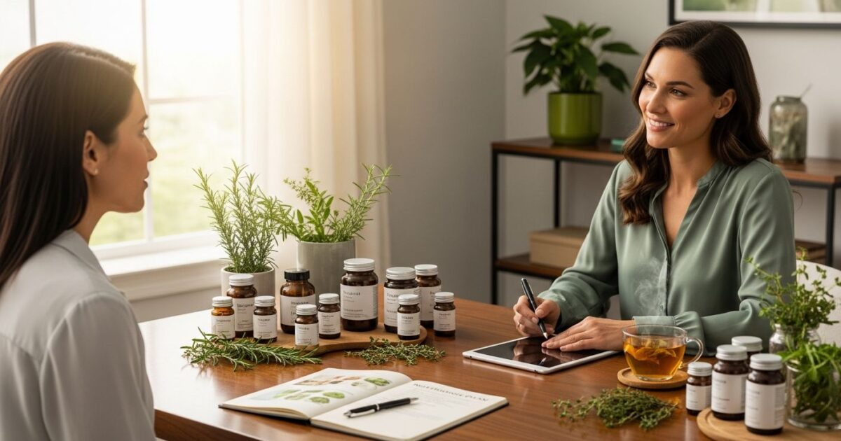 Mesa de consultório de nutricionista com ervas medicinais e suplementos naturais