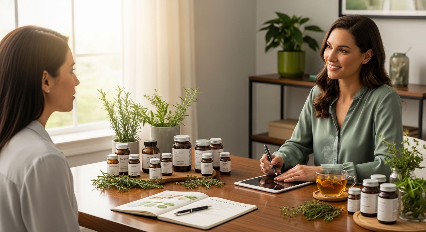 Mesa de consultório de nutricionista com ervas medicinais e suplementos naturais