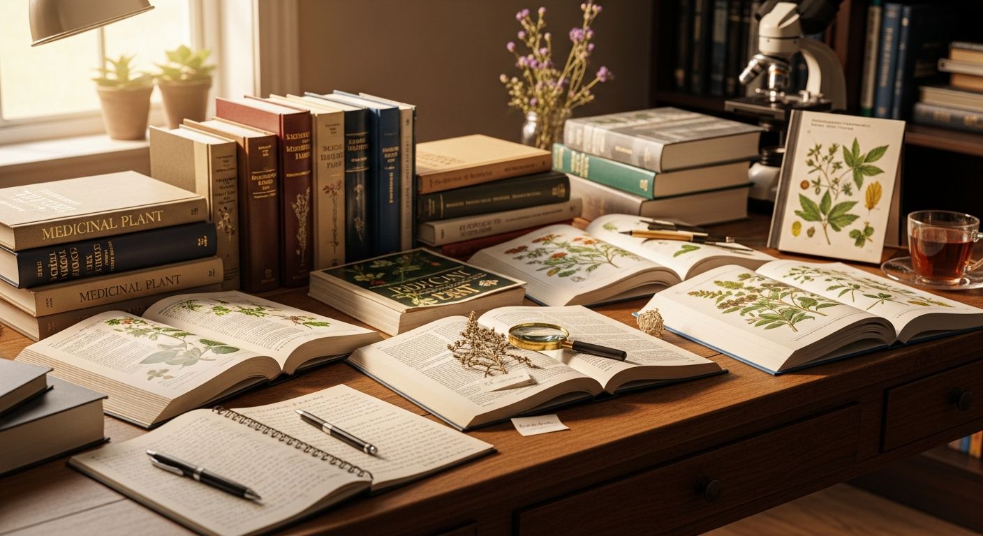 Livros e materiais de referência sobre plantas medicinais sobre mesa de estudos
