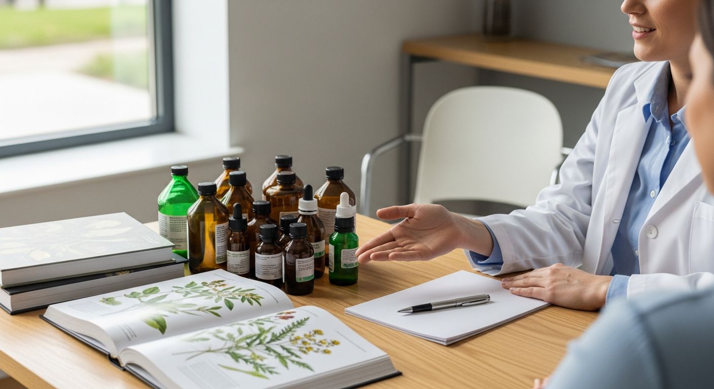 Consulta clínica com fitoterápicos sobre a mesa