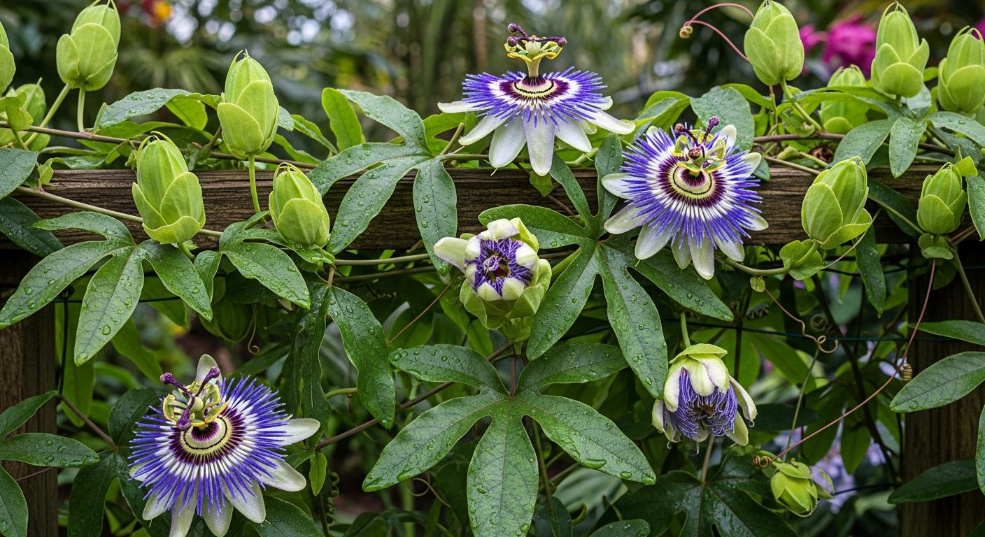 Flores e folhas de passiflora em ambiente natural