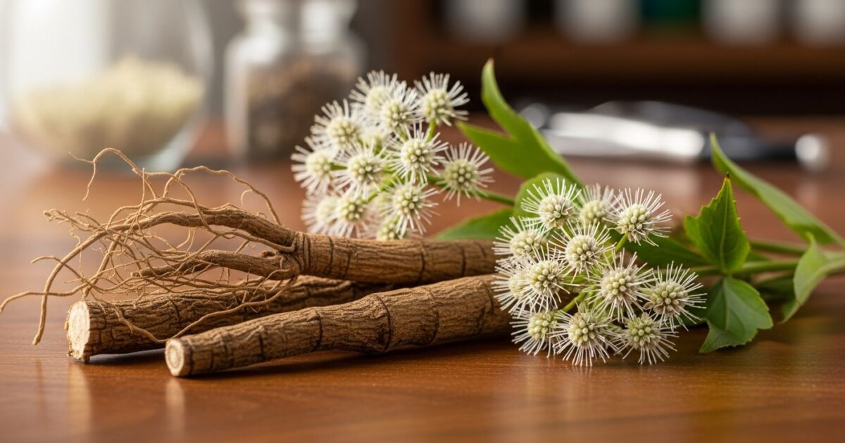 Raiz e flores de cimicífuga sobre superfície de madeira clara