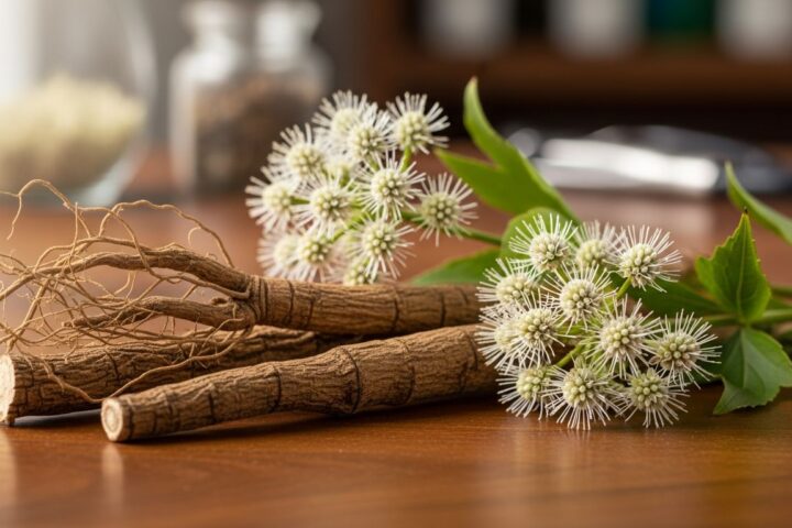 Raiz e flores de cimicífuga sobre superfície de madeira clara